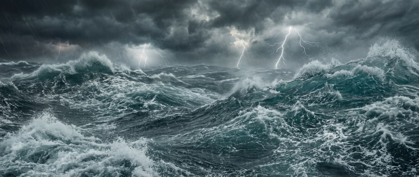 Oprørt hav i stormvejr, med lyn i horisonten